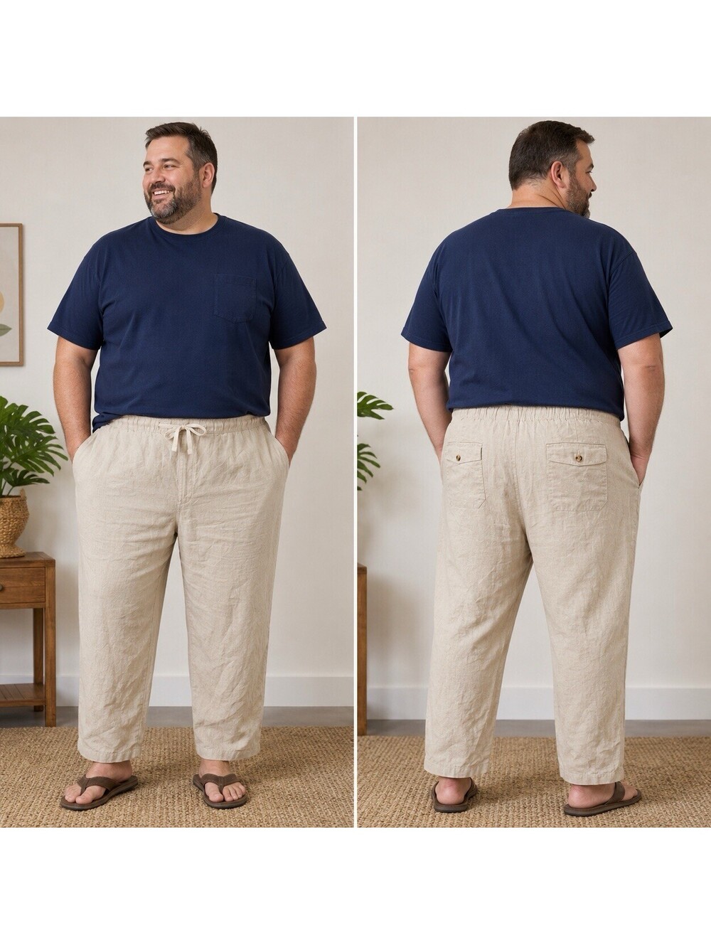 Oak Hill DXL Mens 3X 28 Linen Blend Pants Beige Drawstring Big Tall Coastal
